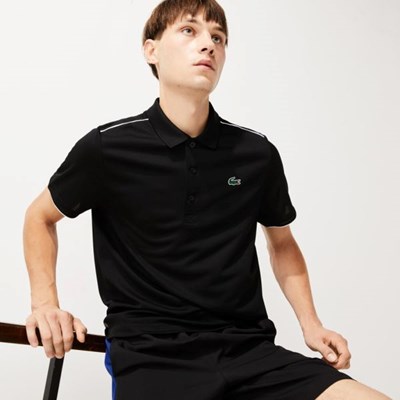 Black / White Lacoste SPORT Contrast Piping Breathable Piqué Men's Polo Shirts | RQOC85270