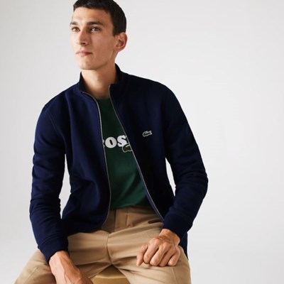 Navy Lacoste Zippered Stand-Up Collar Piqué Men's Jackets | MGFU13529