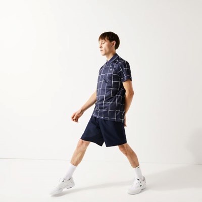 Navy / White Lacoste SPORT Breathable Print Piqué Tennis Men's Shirts | YPVG92748
