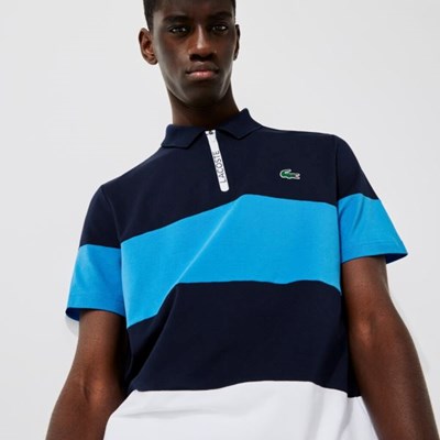 Navy / White Lacoste SPORT Striped Stretch Piqué Zip-Up Golf Men's Polo Shirts | CGTM67190